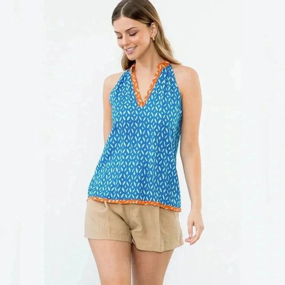 THML Anthropologie Halter Cotton Lightweight Sleeveless Top Orange Blue Sz XS - Picture 1 of 5